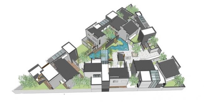 SketchUp Villa Model: Chinese-Style Residential Cluster with Courtyard and Water Views
