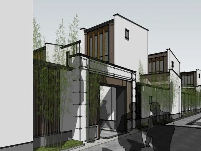 SketchUp Villa Model | Row Houses in New Chinese Style with Oriental Neoclassical Design