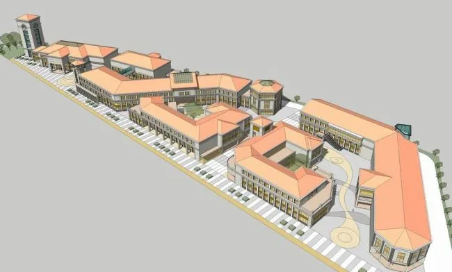 SketchUp Business Model | Multi-story commercial street, simple European-style sloping roof