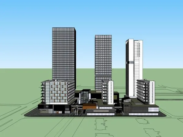 Sketchup Complex Model | Multi story High rise Complex, Office Building, Residential, Ground Floor Commercial, Modern Style