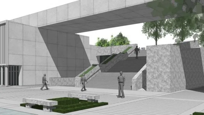 SketchUp Cultural Model: Multi-Story Exhibition Hall with Modern Square Landscape Design