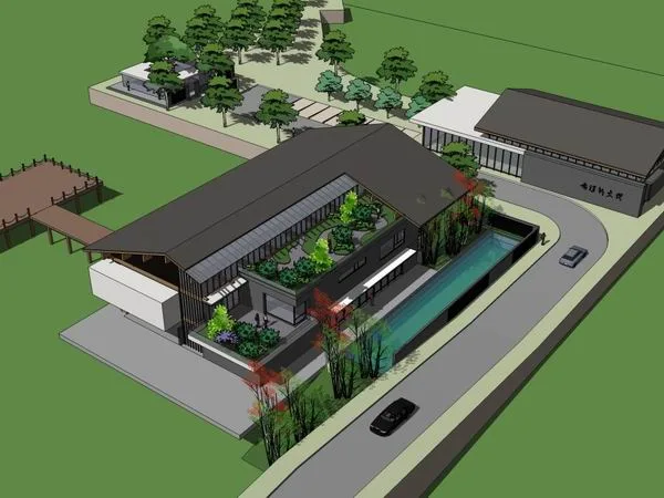 Sketchup Landscape Model | Multi story Leisure Landscape Club Landscape, Chinese Style