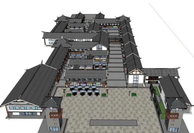 SketchUp Business Model: Multi-Story Commercial Street Featuring Ancient Chinese Architecture