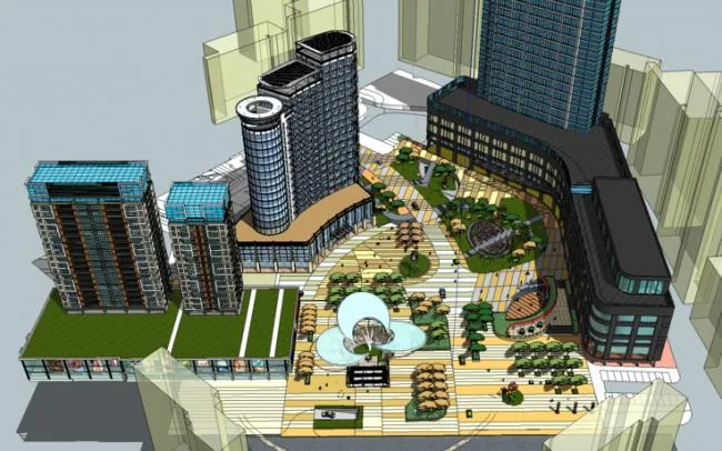 Sketchup Complex Model | Commercial Complex, Square, Landscape, High rise Residential Buildings, Apartments, Offices, Office Buildings, Shopping Centers