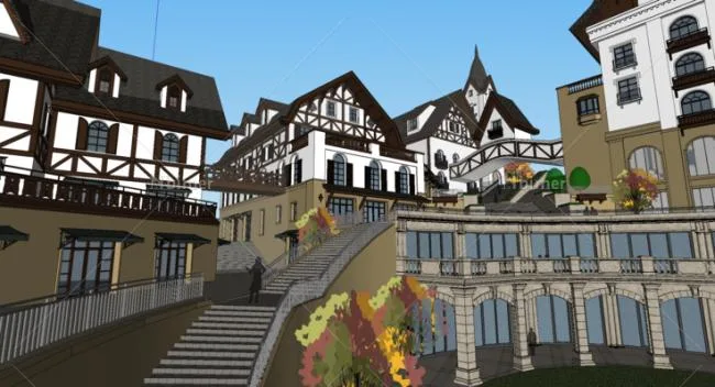Sketchup Business Model | Multi story Swiss style commercial street, European style, classical style