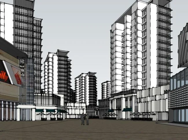 Sketchup Business Model | High rise residential buildings, neighborhoods, modern style, commercial podiums, ground floor commercial buildings, residential buildings