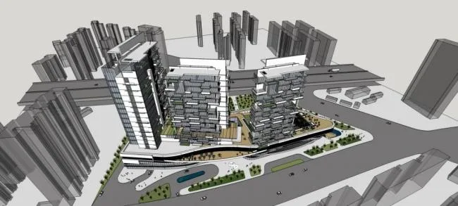 SketchUp Complex Model: Modern Multi-Story High-Rise Mixed-Use Commercial and Residential Building
