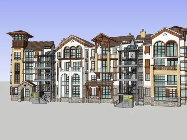 Sketchup Residential Model | Multi story Row House, Classical Style, 4 Floors