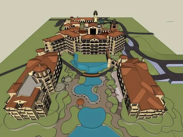 Sketchup Hotel Model | Multi Story Resort Hotel, Spanish Classical Style