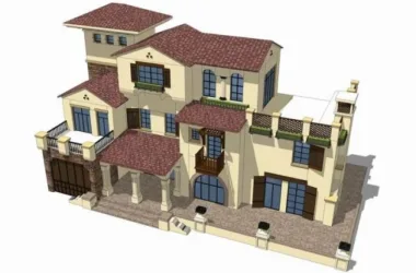 Sketchup Villa Model | Single Family Villa, Spanish Style-BIM WORLD