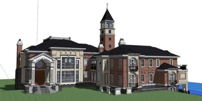 Sketchup Cultural Model | Multi story Activity Center with Clock Tower, Cultural Architecture, Classical Style