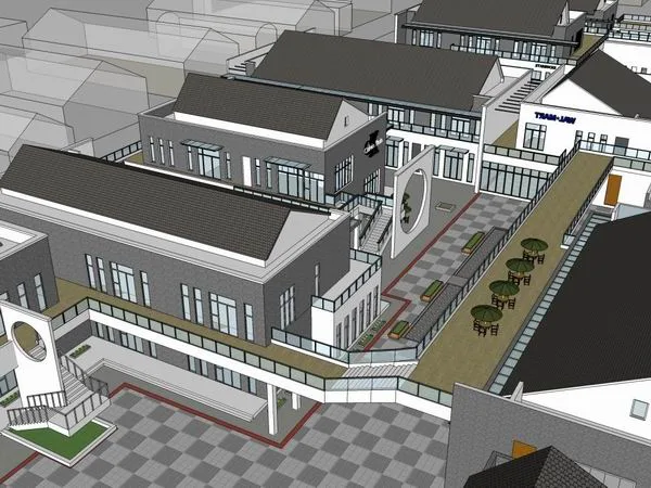 SketchUp Business Model: Multi-Story Commercial and Pedestrian Street in Modern Chinese Style