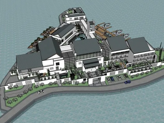 Sketchup Hotel Model | Multi story Hot Spring Hotel, Modern Chinese Style