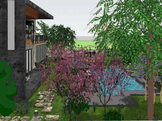 Sketchup Landscape Model | Villa Landscape, Courtyard Landscape, Villa Courtyard, Modern Style