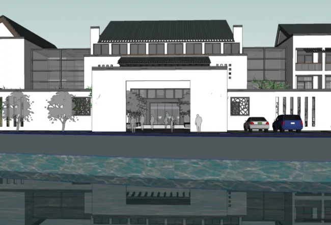 Sketchup Business Model | Huizhou style sales office, clubhouse, new Chinese style, vacation center, waterfront landscape, commercial building