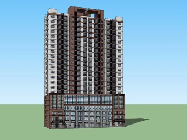 Sketchup Residential Model | High rise residential building, bottom commercial, modern style, 22 floors