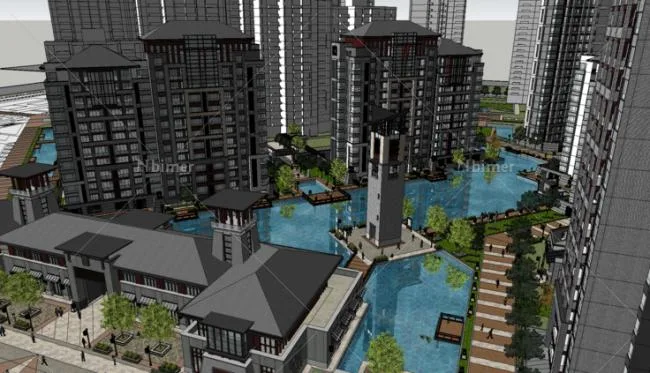 Sketchup Residential Model | Zhongjian Xi'an Daming Palace, Classical Style, High Rise Residential Complex and Landscape Courtyard