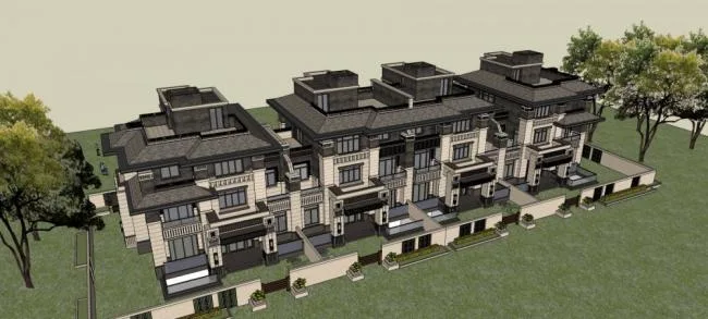 Sketchup Villa Model | Row Villa, Wright, New Chinese Style, Residential Architecture