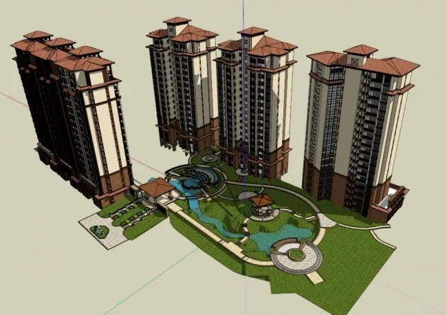 Sketchup Residential Model | High rise residential building, sloping roof, Spanish classical style