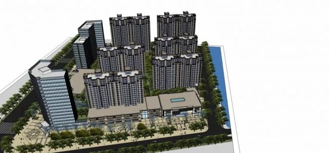 Sketchup Complex Model | Commercial Complex, neoclassical style, hotel office, multi story commercial podium, high-rise residential building
