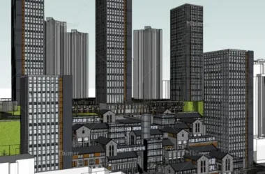 SketchUp Complex Model: Multi-Story Mixed-Use City Development with Apartments, Mountain Terraces, Commercial Offices, and Chinese Architectural Elements-BIM WORLD