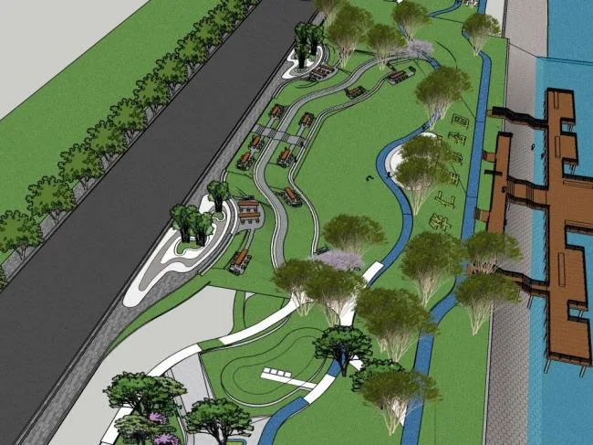 Sketchup Landscape Model | Waterfront Landscape, Modern Style