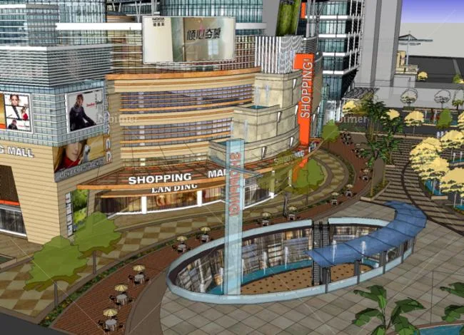 SketchUp Complex Model: Multi-Story High-Rise with Commercial Pedestrian Street and Modern Center