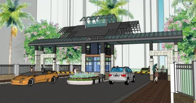 SketchUp Landscape Design: Chinese-Style Entrance with Security Pavilion and Single-Story Layout