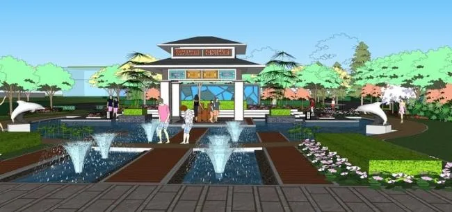 Sketchup Landscape Model | Residential community landscape, water features, corridors, pavilions, fountains, children's play facilities