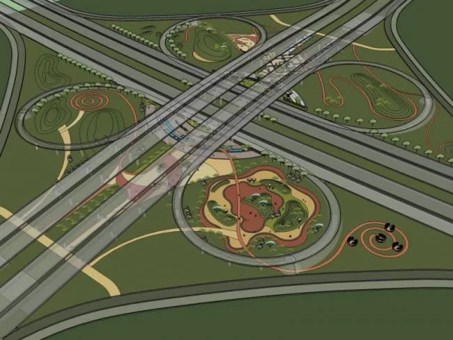 Modern Park Landscape Model Beneath an Overpass in SketchUp
