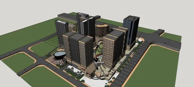 Sketchup Complex Model | High rise urban commercial complex, modern style, hotel office, apartment, multi story commercial podium, shopping mall