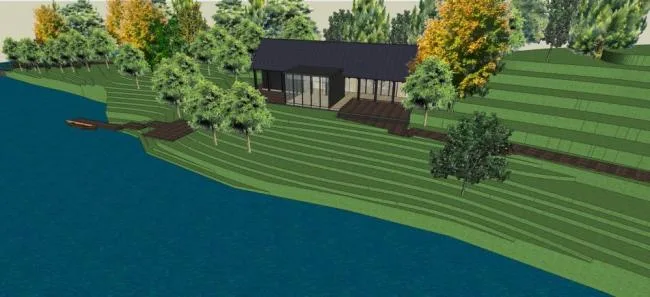 SketchUp Landscape Model: Lakeside Park with Dam in Urban Chinese-Style Single-Story Design