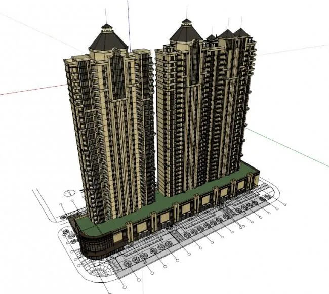 Sketchup Residential Model | Super high-rise residential, ground floor commercial, classical style