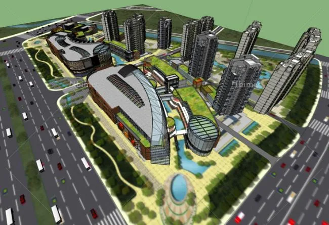Sketchup Complex Model | Multi story mixed commercial complex, high-rise residential building, shopping center, modern style