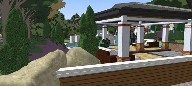 Sketchup Hotel Model | Multi story Resort Hotel, Classical Style, Waterfront Landscape