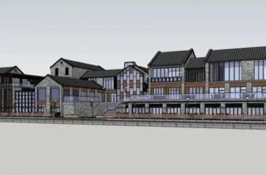 SketchUp Business Model: Multi-Story Riverside Commercial Street Featuring Ancient Chinese Architecture-BIM WORLD