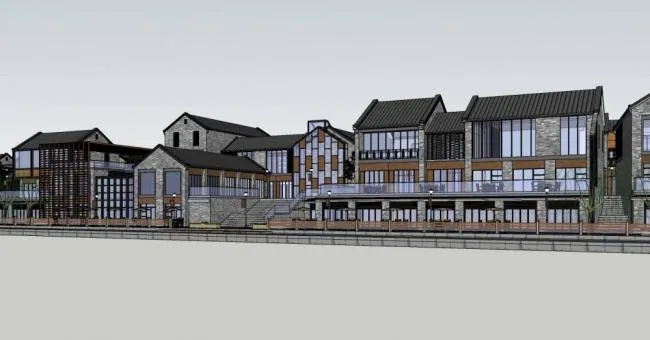 SketchUp Business Model: Multi-Story Riverside Commercial Street Featuring Ancient Chinese Architecture
