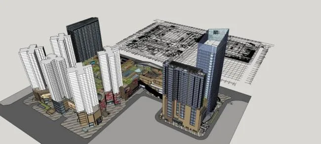 Sketchup Complex Model | Multi story high-rise mixed use, commercial podium, complex, hotel office, modern style