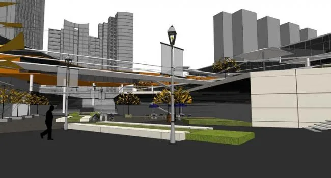 Sketchup Business Model | Multi story commercial building, sunken plaza, modern style