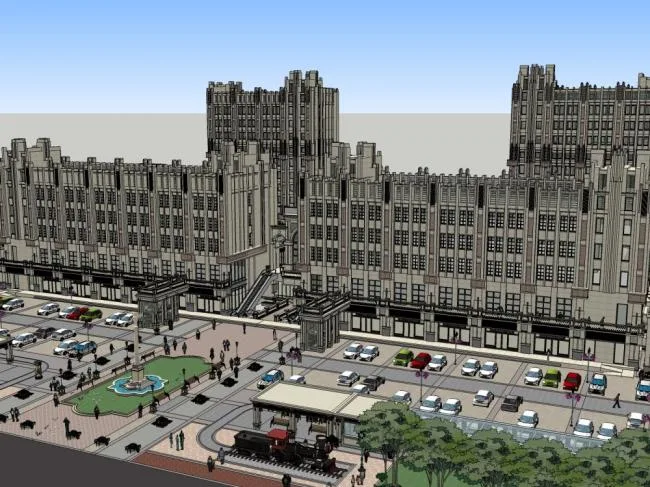 SketchUp Complex Model: Multi-Story High-Rise Office Building with Commercial Street and Classical Design