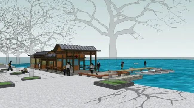 Sketchup Landscape Model | Township Tourist Area, Cruise Terminal, Landscape, Pavilion, Single Story, Chinese Style, Teahouse