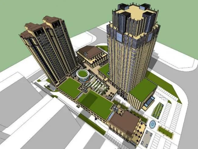 SketchUp Complex Model: Multi-Story High-Rise Mixed-Use Development with Bank, Commercial Street, Supermarket, and Neoclassical Residential Towers