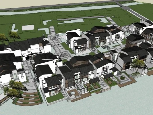 Sketchup Villa Model | Double Split Vacation Villa Cluster, Chinese Style