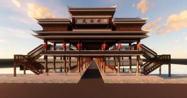 Sketchup Station Road and Bridge | Wind and Rain Bridge, Tujia Style, Chinese Style
