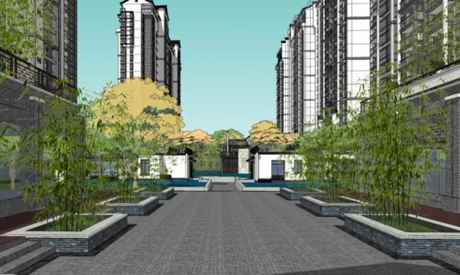 Sketchup Residential Model | High rise Residential Buildings, Neighborhoods, Landscape, New Chinese Style, Han Tang Style, Residential Buildings