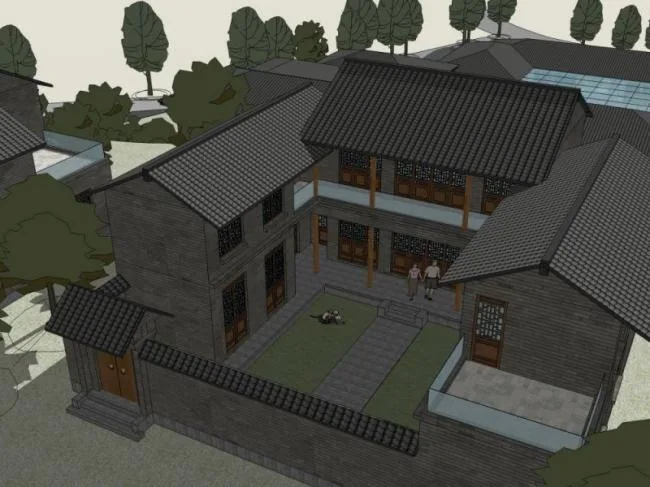 SketchUp Multi-Story Hotel Model Featuring Traditional Chinese Design