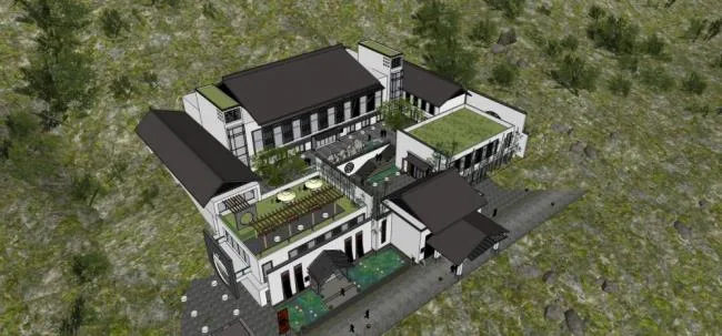 Sketchup Hotel Model | Multi story Mountain Hotel, Chinese Style
