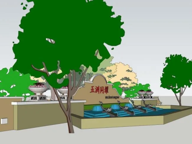 Sketchup Landscape Model | Community Entrance, Spanish Style, Classical Style