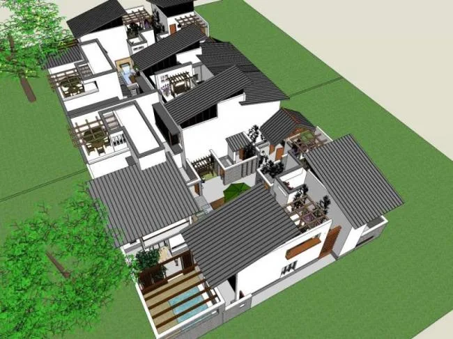 Sketchup Villa Model | Double Split Villa, Chinese Style