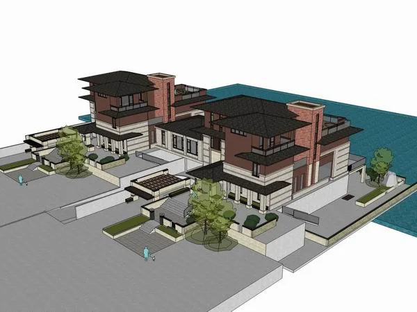 Sketchup Villa Model | Twin Villa, Modern Chinese Style